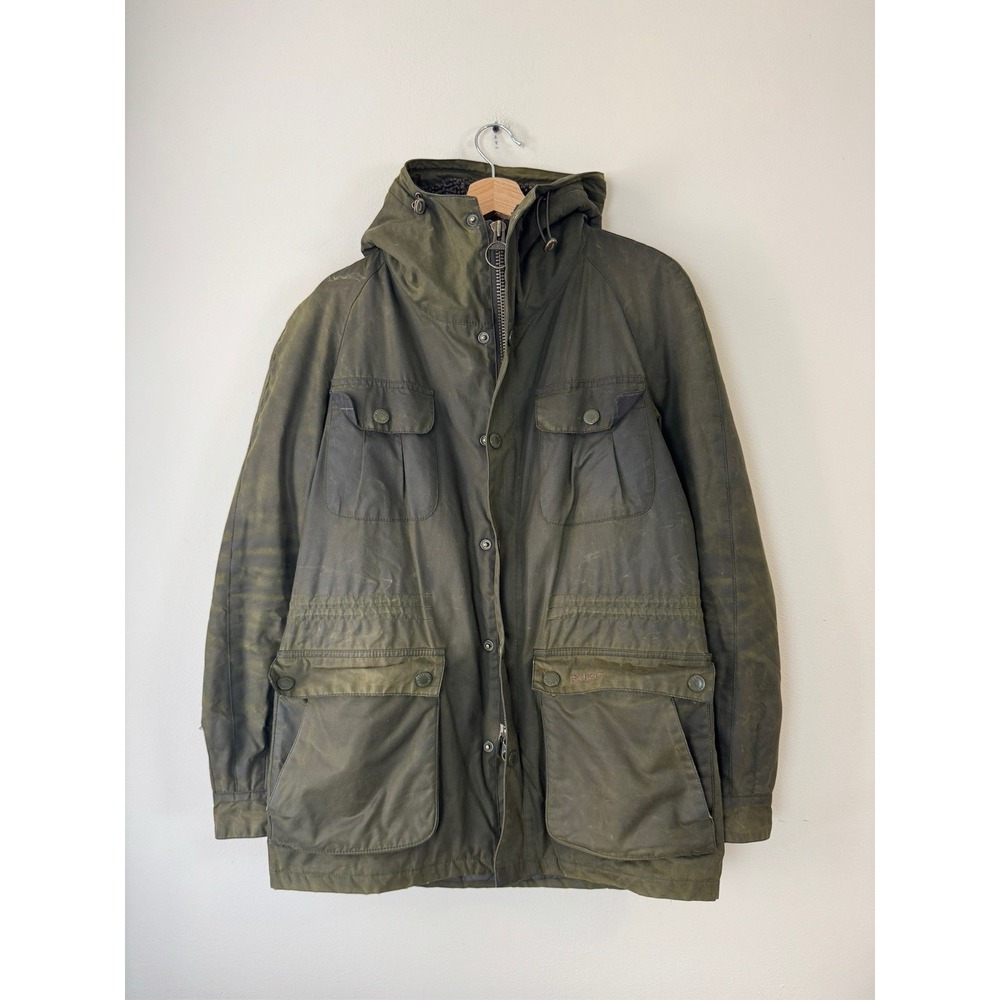 Barbour Waxed Cotton Zip Up Hooded Green Naturally Distressed Jacket - Small